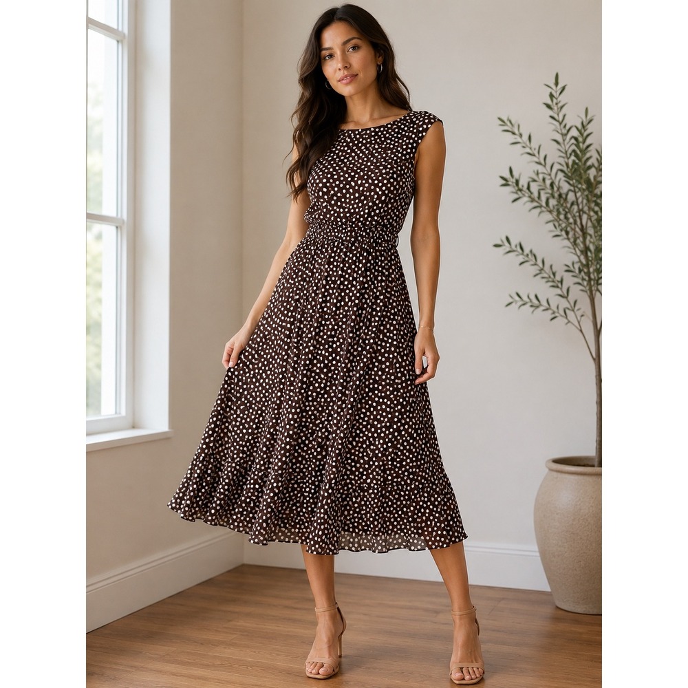 Perceptions New York Brown Polka Dot Sleeveless Midi Dress Size 8